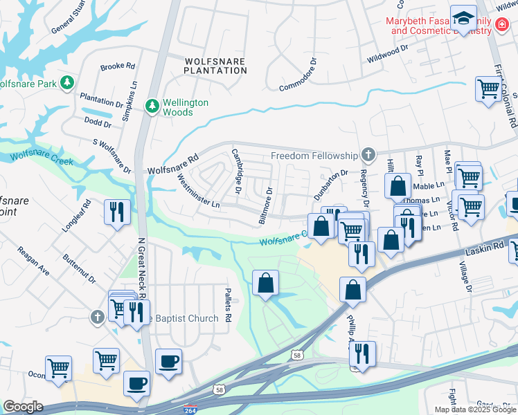 map of restaurants, bars, coffee shops, grocery stores, and more near 712 Westminster Lane in Virginia Beach