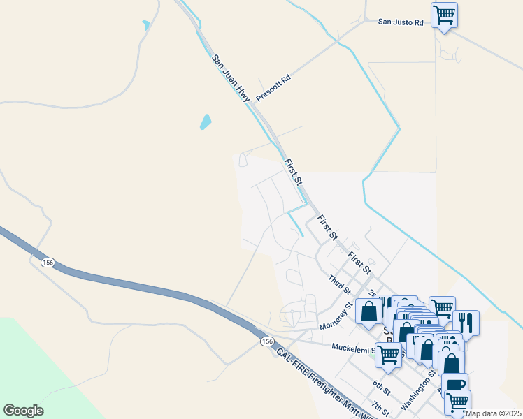 map of restaurants, bars, coffee shops, grocery stores, and more near 1163 Third Street in San Juan Bautista