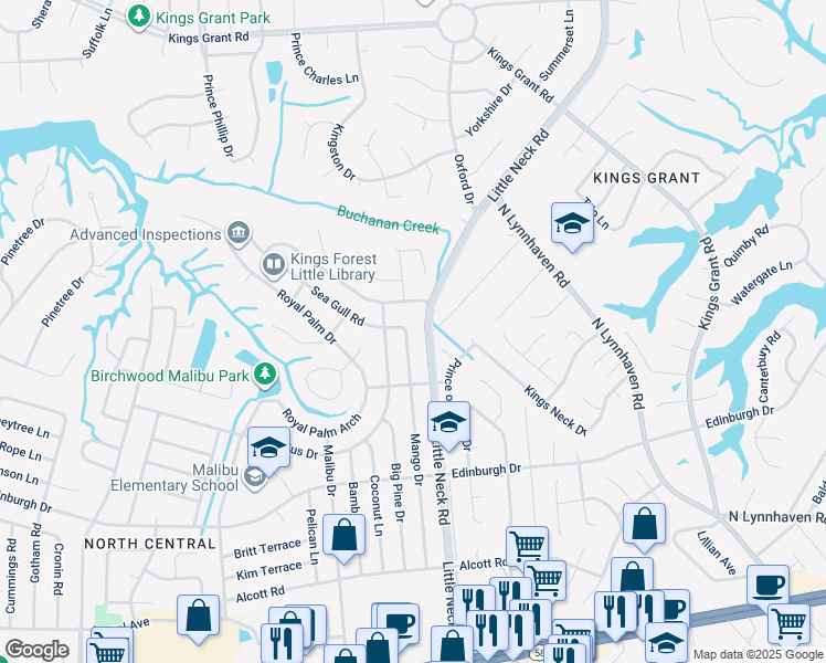 map of restaurants, bars, coffee shops, grocery stores, and more near 628 Mango Drive in Virginia Beach