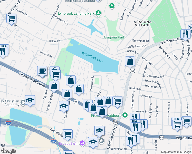 map of restaurants, bars, coffee shops, grocery stores, and more near 528 Peregrine Street in Virginia Beach