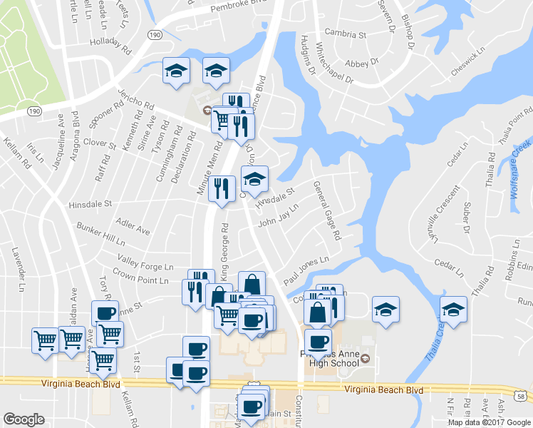 map of restaurants, bars, coffee shops, grocery stores, and more near 500 Jonathon Court in Virginia Beach
