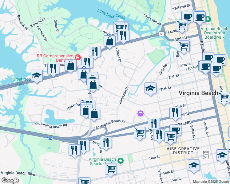 map of restaurants, bars, coffee shops, grocery stores, and more near 909 24th Street in Virginia Beach