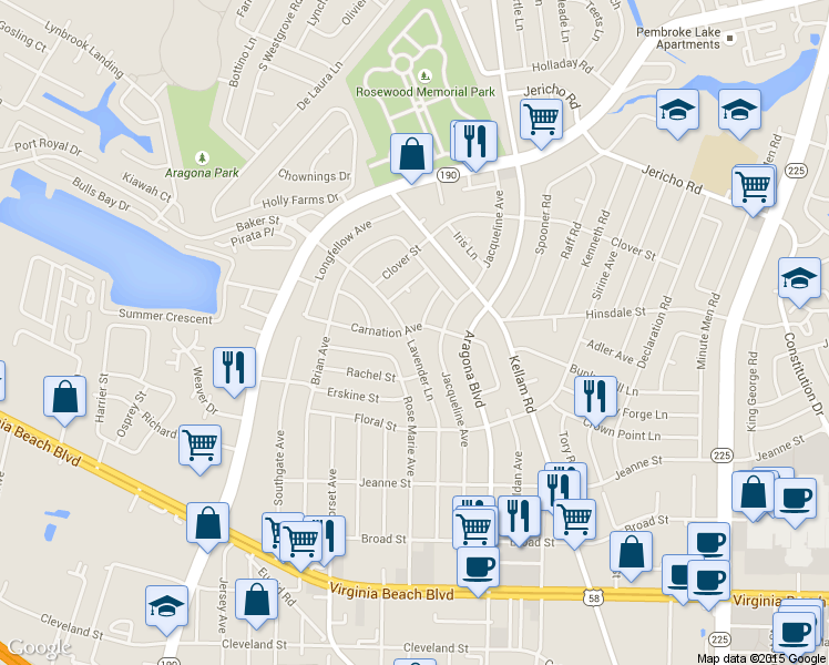 map of restaurants, bars, coffee shops, grocery stores, and more near 556 Lavender Lane in Virginia Beach
