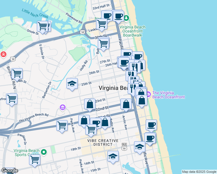 map of restaurants, bars, coffee shops, grocery stores, and more near 2407 Baltic Avenue in Virginia Beach