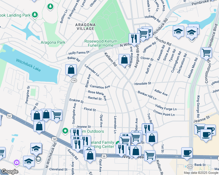 map of restaurants, bars, coffee shops, grocery stores, and more near 556 Lavender Lane in Virginia Beach