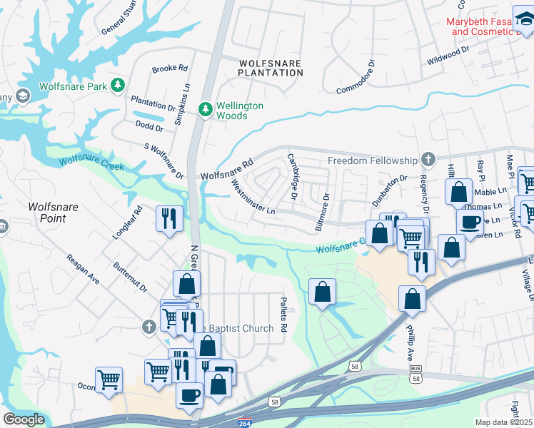 map of restaurants, bars, coffee shops, grocery stores, and more near 849 Westminster Lane in Virginia Beach