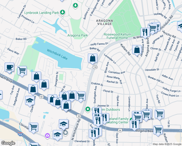 map of restaurants, bars, coffee shops, grocery stores, and more near 5108 Whitaker Place in Virginia Beach