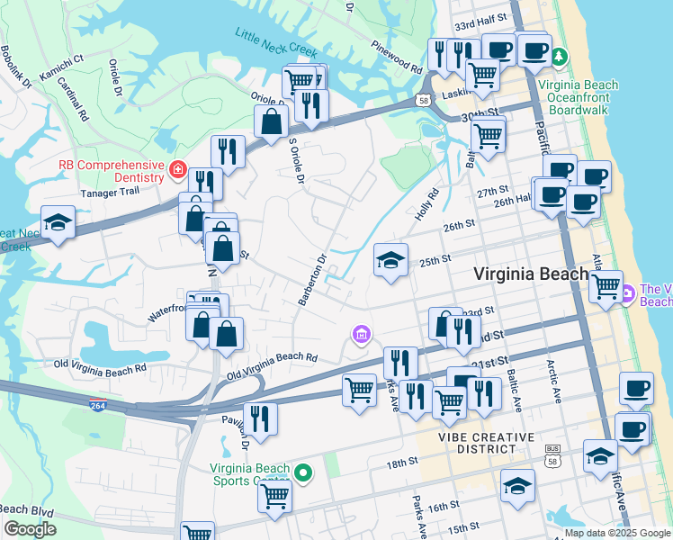 map of restaurants, bars, coffee shops, grocery stores, and more near 674 Seawatch Cove in Virginia Beach