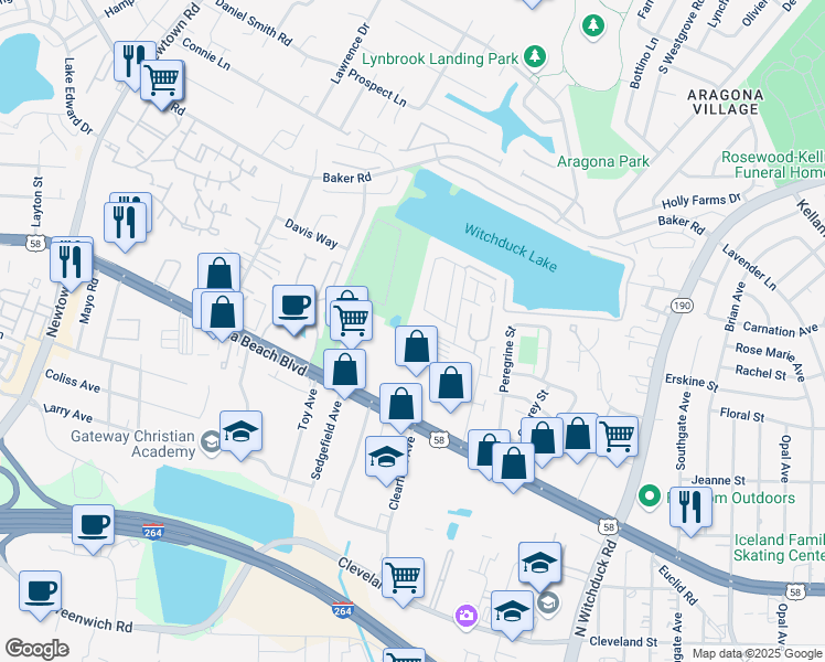 map of restaurants, bars, coffee shops, grocery stores, and more near 5334 Tuttle Creek Court in Virginia Beach