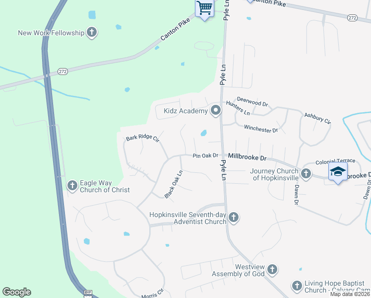 map of restaurants, bars, coffee shops, grocery stores, and more near 2116 Oak Tree Villa in Hopkinsville