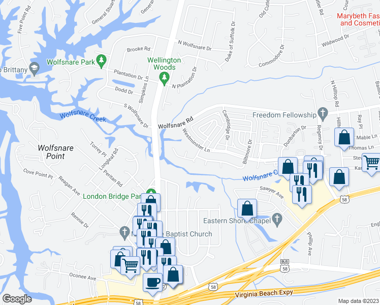 map of restaurants, bars, coffee shops, grocery stores, and more near 412 Sedgewick Court in Virginia Beach