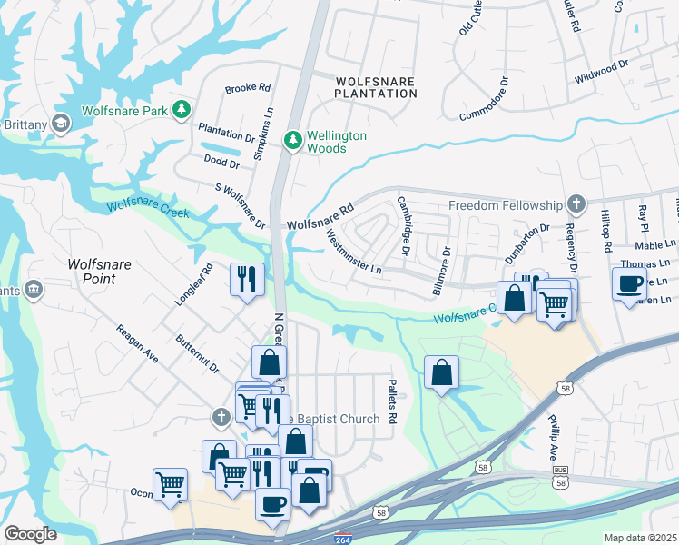 map of restaurants, bars, coffee shops, grocery stores, and more near 412 Sedgewick Court in Virginia Beach