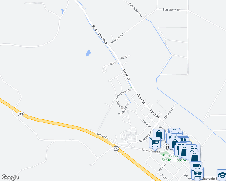 map of restaurants, bars, coffee shops, grocery stores, and more near 1163 Third Street in San Juan Bautista