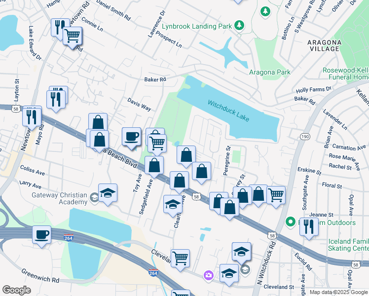 map of restaurants, bars, coffee shops, grocery stores, and more near 5334 Tuttle Creek Court in Virginia Beach