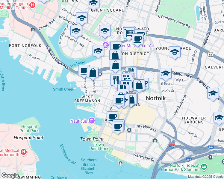 map of restaurants, bars, coffee shops, grocery stores, and more near 225 West Freemason Street in Norfolk