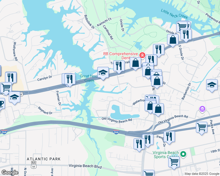 map of restaurants, bars, coffee shops, grocery stores, and more near 1229 Bluebird Drive in Virginia Beach