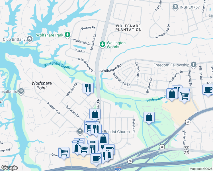 map of restaurants, bars, coffee shops, grocery stores, and more near 2431 Sedgewick Drive in Virginia Beach