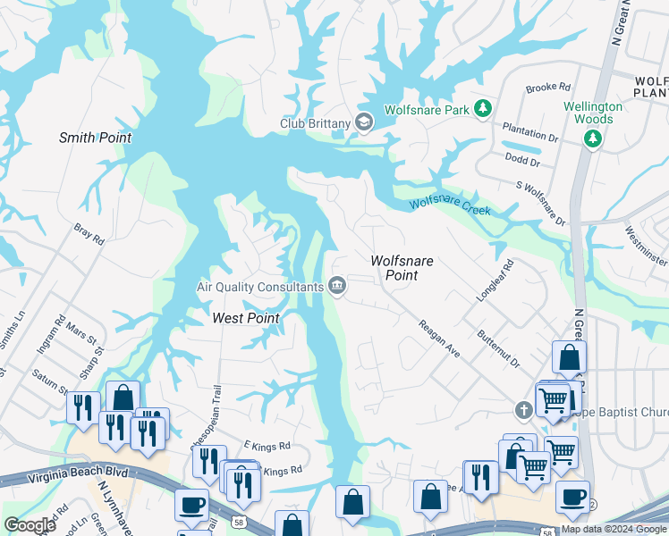 map of restaurants, bars, coffee shops, grocery stores, and more near 2648 Cove Point Place in Virginia Beach