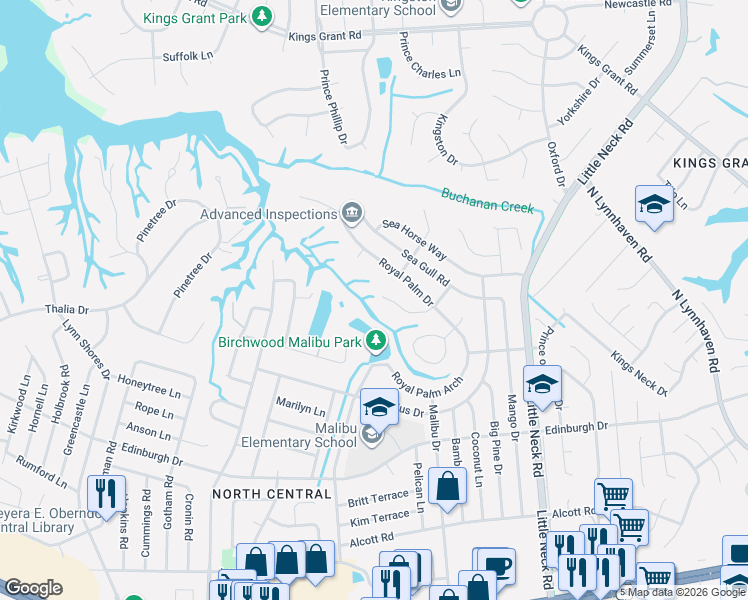 map of restaurants, bars, coffee shops, grocery stores, and more near 3532 Sandy Point Key in Virginia Beach