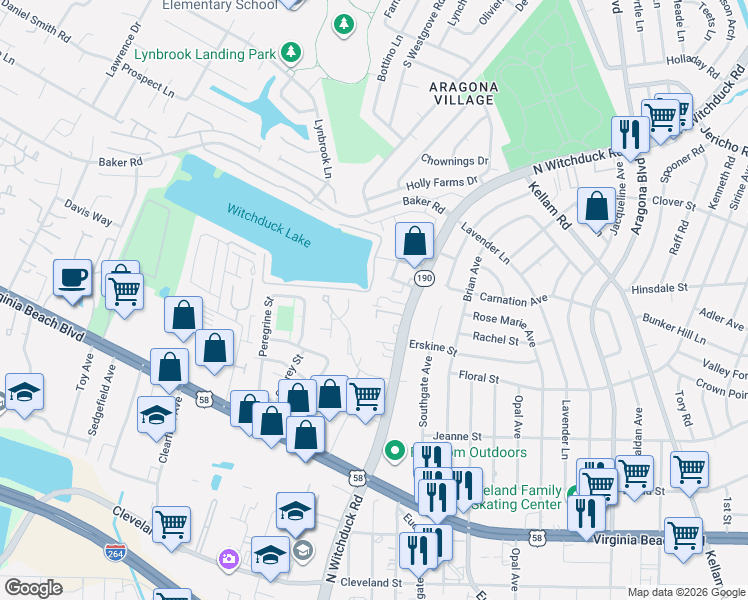 map of restaurants, bars, coffee shops, grocery stores, and more near 551 Featherstone Court in Virginia Beach