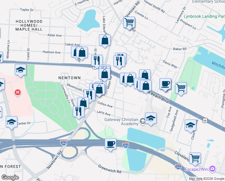 map of restaurants, bars, coffee shops, grocery stores, and more near 5585 Virginia Beach Boulevard in Virginia Beach