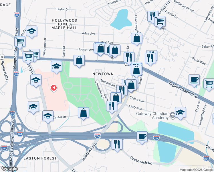 map of restaurants, bars, coffee shops, grocery stores, and more near 6582 Stoney Point North in Norfolk