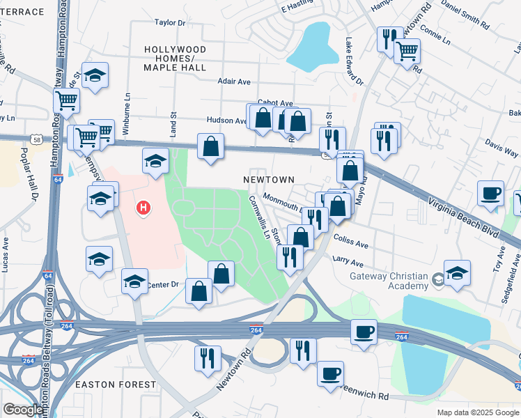 map of restaurants, bars, coffee shops, grocery stores, and more near 6547 Stoney Point South in Norfolk