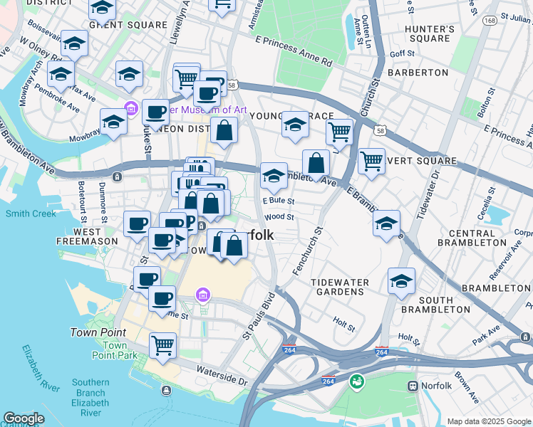 map of restaurants, bars, coffee shops, grocery stores, and more near 450 Saint Pauls Boulevard in Norfolk