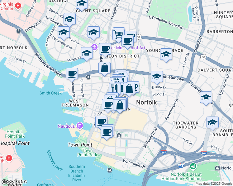 map of restaurants, bars, coffee shops, grocery stores, and more near 421 Granby Street in Norfolk