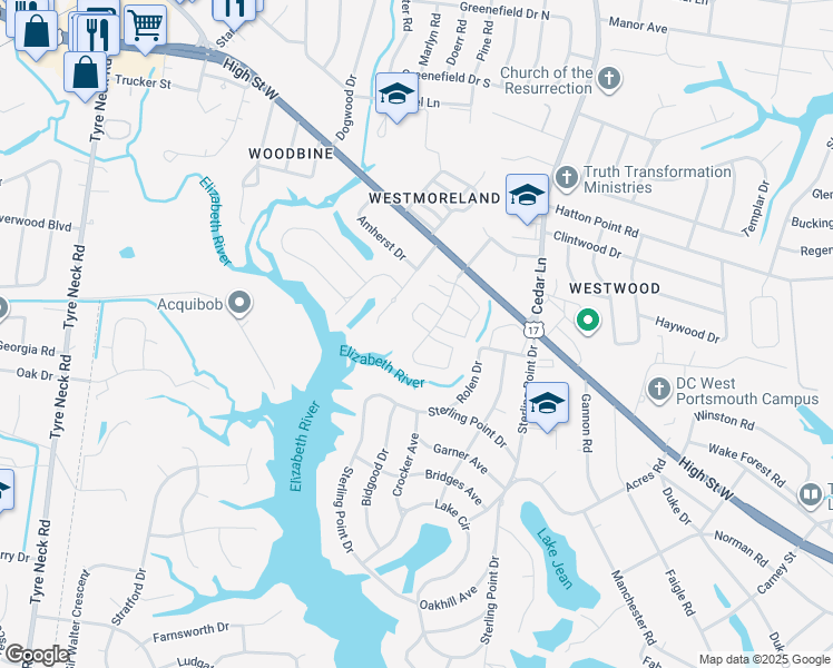 map of restaurants, bars, coffee shops, grocery stores, and more near 5161 Castle Way in Portsmouth