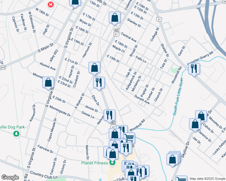 map of restaurants, bars, coffee shops, grocery stores, and more near 2199 Oak Street in Hopkinsville