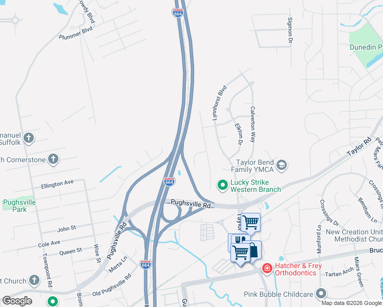 map of restaurants, bars, coffee shops, grocery stores, and more near 3510 Chipada Court in Chesapeake