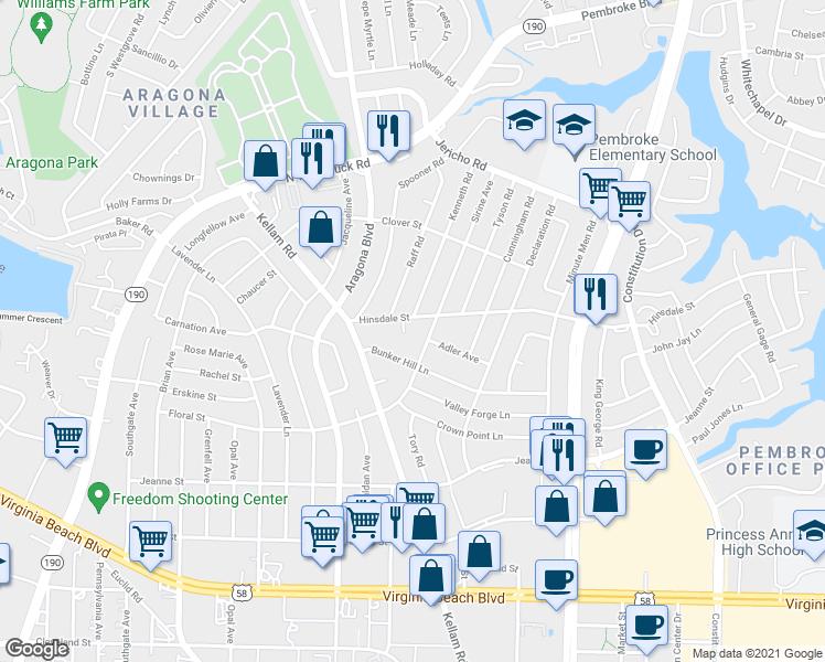 map of restaurants, bars, coffee shops, grocery stores, and more near 508 Hinsdale Court in Virginia Beach