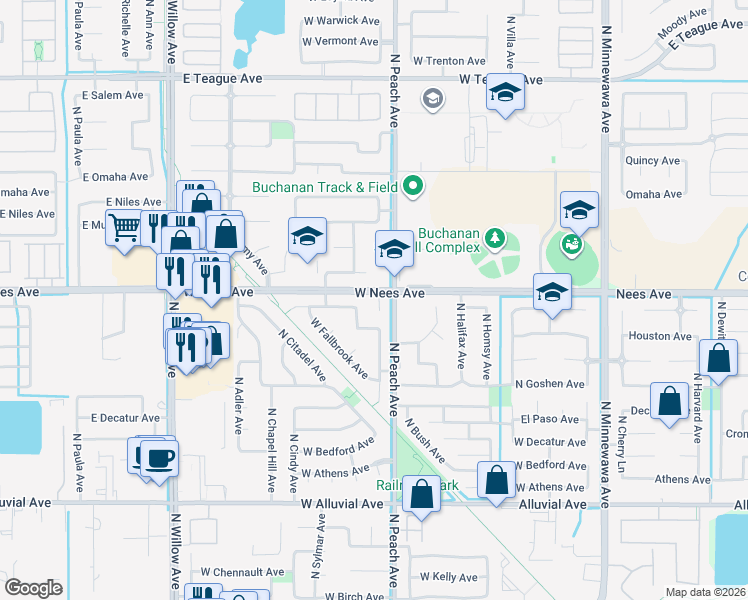 map of restaurants, bars, coffee shops, grocery stores, and more near 412 West Nees Avenue in Clovis
