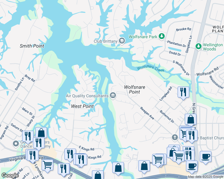 map of restaurants, bars, coffee shops, grocery stores, and more near 2640 Cove Point Place in Virginia Beach