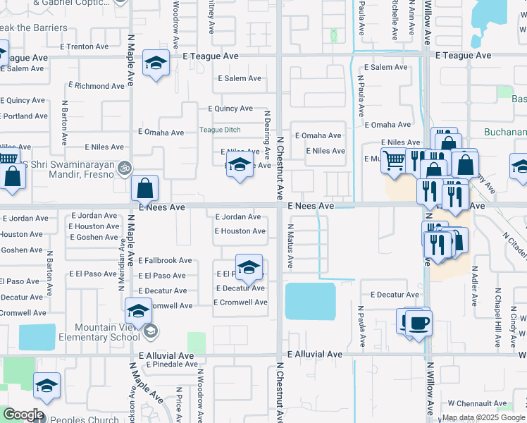 map of restaurants, bars, coffee shops, grocery stores, and more near 2428 East Jordan Avenue in Fresno
