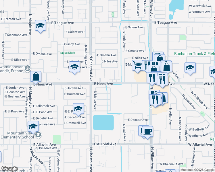 map of restaurants, bars, coffee shops, grocery stores, and more near 2644 East Jordan Avenue in Fresno