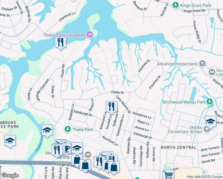 map of restaurants, bars, coffee shops, grocery stores, and more near 601 Lynn Shores Drive in Virginia Beach