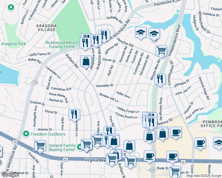 map of restaurants, bars, coffee shops, grocery stores, and more near 508 Hinsdale Court in Virginia Beach
