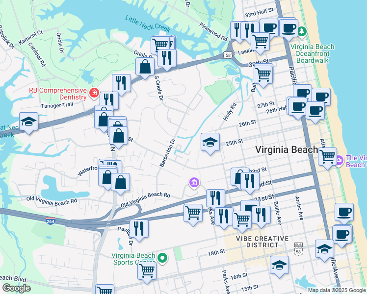 map of restaurants, bars, coffee shops, grocery stores, and more near 622 Seawatch Cove in Virginia Beach