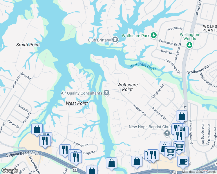 map of restaurants, bars, coffee shops, grocery stores, and more near 2638 Cove Point Place in Virginia Beach