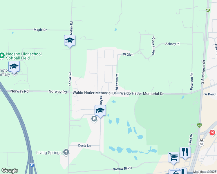 map of restaurants, bars, coffee shops, grocery stores, and more near 1754 Waldo Hatler Memorial Drive in Neosho