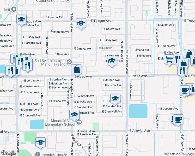 map of restaurants, bars, coffee shops, grocery stores, and more near 223 East Nees Avenue in Fresno