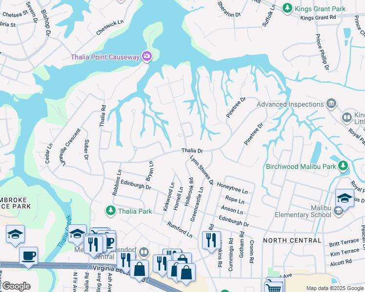 map of restaurants, bars, coffee shops, grocery stores, and more near 601 Lynn Shores Drive in Virginia Beach