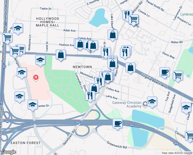 map of restaurants, bars, coffee shops, grocery stores, and more near 63 Pawnee Drive in Norfolk