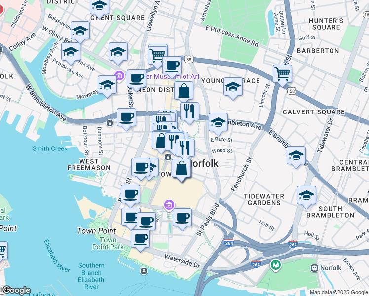 map of restaurants, bars, coffee shops, grocery stores, and more near 253 East Charlotte Street in Norfolk