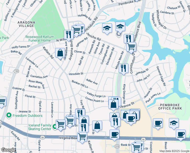 map of restaurants, bars, coffee shops, grocery stores, and more near 529 Cunningham Road in Virginia Beach