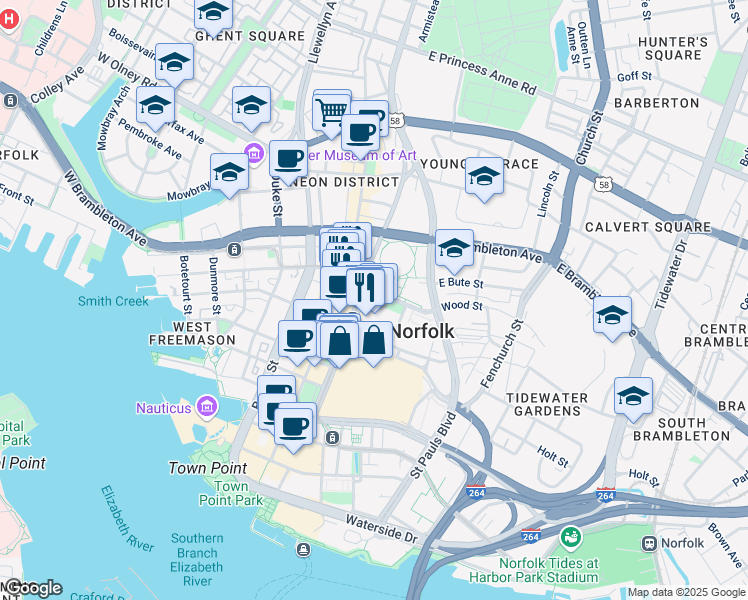 map of restaurants, bars, coffee shops, grocery stores, and more near 435 Monticello Avenue in Norfolk
