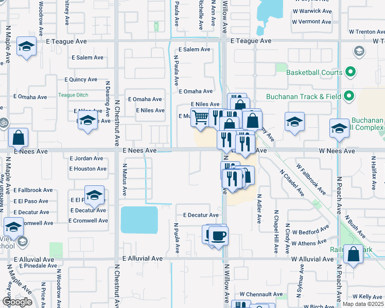 map of restaurants, bars, coffee shops, grocery stores, and more near 7993 North Justin Avenue in Fresno