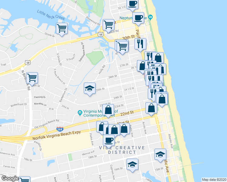 map of restaurants, bars, coffee shops, grocery stores, and more near 527 24 1/2 Street in Virginia Beach
